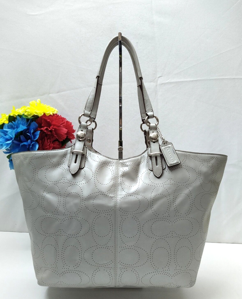 Coach Gray Perforated Leather Double Handles Tote Bag